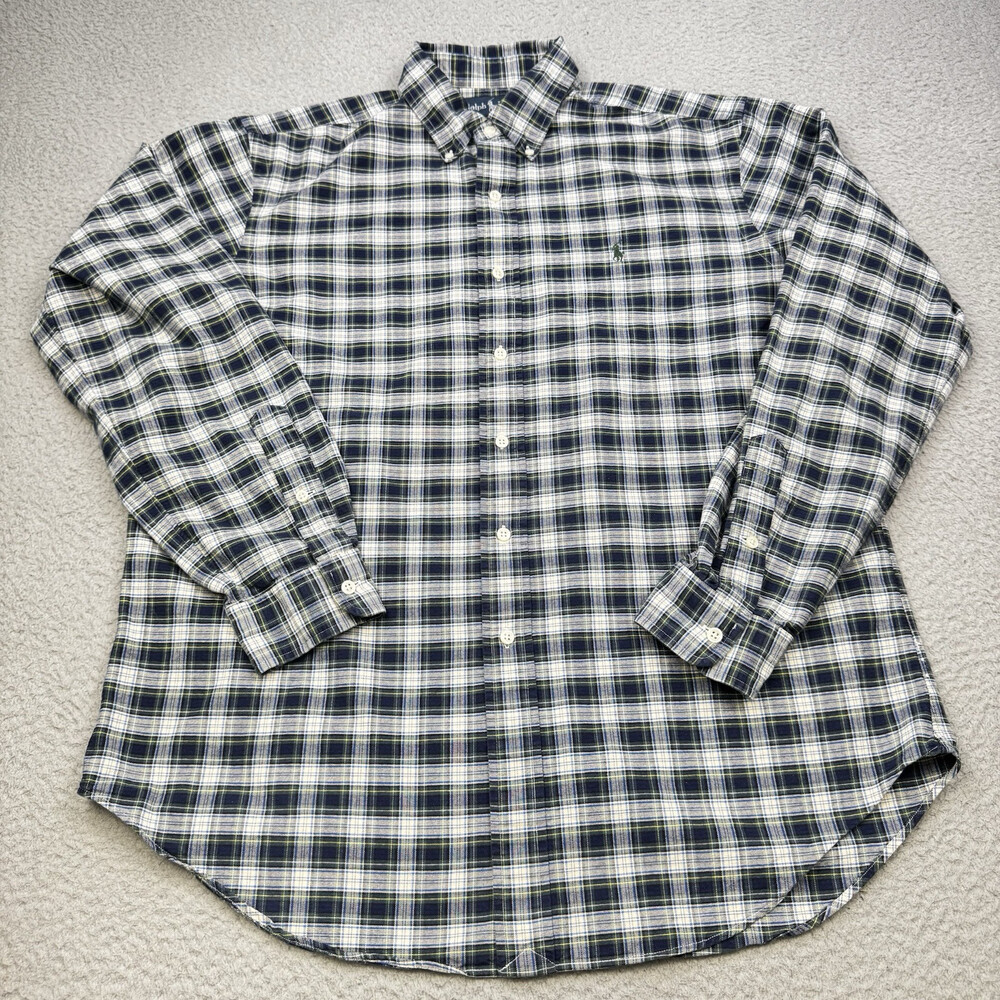 RALPH LAUREN Shirt Mens Large Blue Green Plaid Oxford Classic Fit Preppy Casual